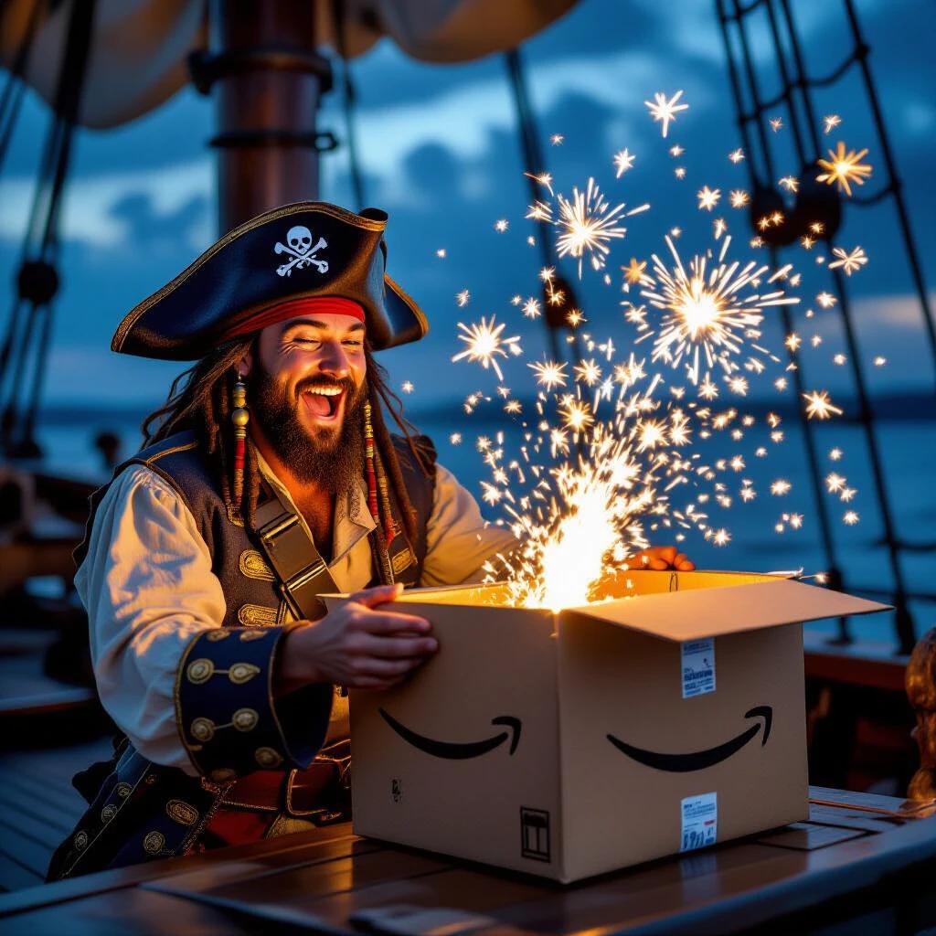 A pirate joyfully opens an Amazon box on a pirate ship. Fireworks burst out from the box. Warm colors dominate the scene. The Amazon logo is visible on the box.