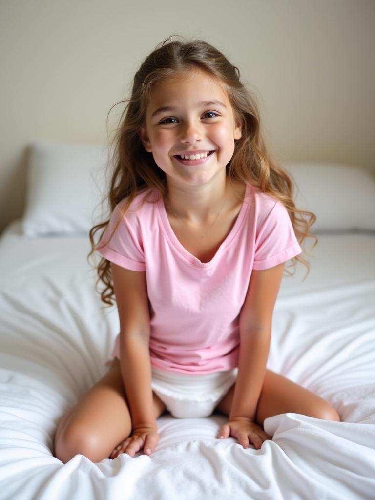 A young girl seated on a bed in a cozy setting. She is smiling and wearing a pink t-shirt. White bed sheets create a soft look. Natural lighting enhances the inviting feel of the room.