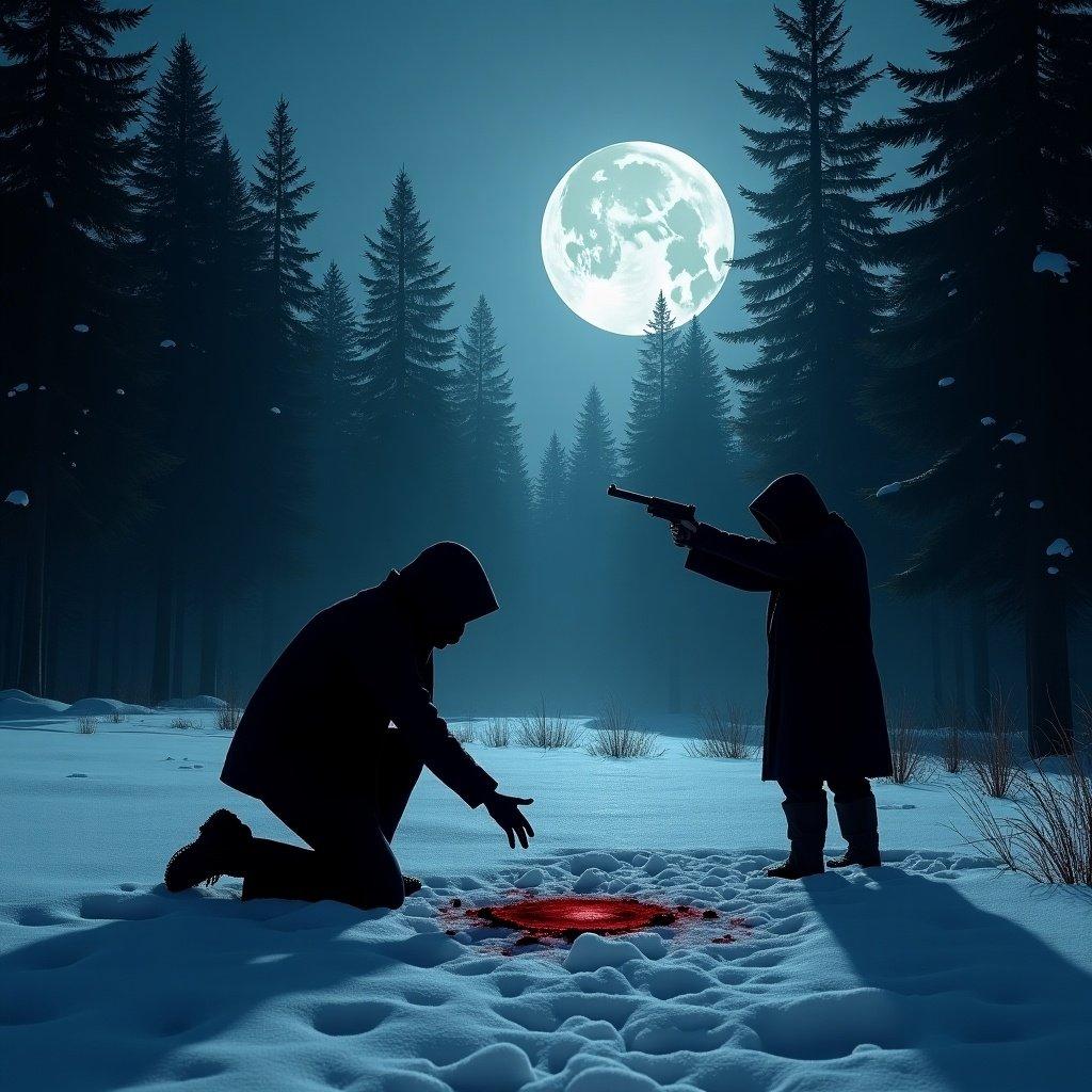 A winter night scene with dramatic illumination and a full moon. Two shadowy figures in a pine forest. One figure is kneeling and examining a bloodstain in the snow. Another figure is hidden in the trees, aiming a gun at the kneeling figure.