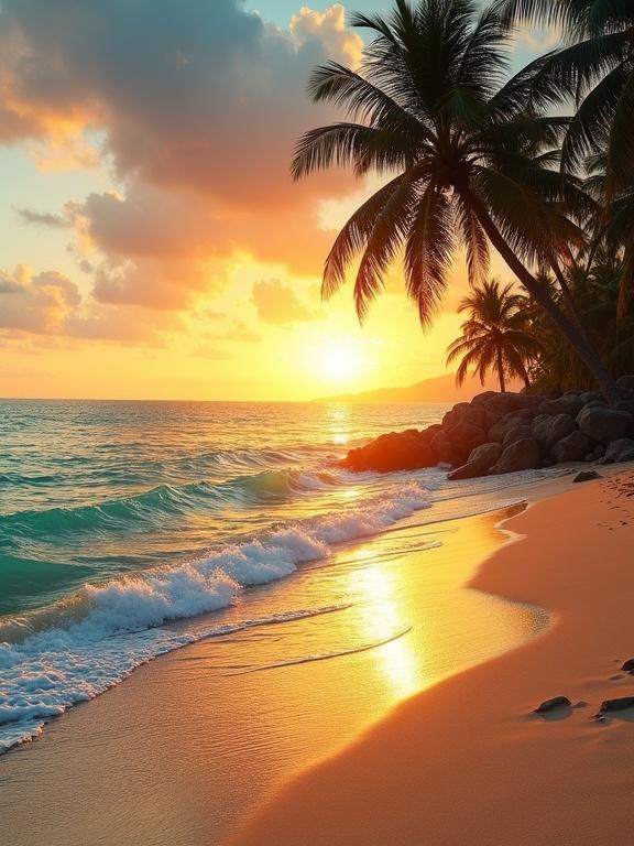 Vibrant coastal scene at sunset. Low sun casts golden glow on sky and water. Sky has oranges, yellows, pinks, and light blue. Palm trees silhouetted against backdrop. Ocean shows turquoise and deep blue hues. Waves break near shore. Light beige sand with wet marks and texture. Rocky formations visible near trees. Peaceful tropical environment.