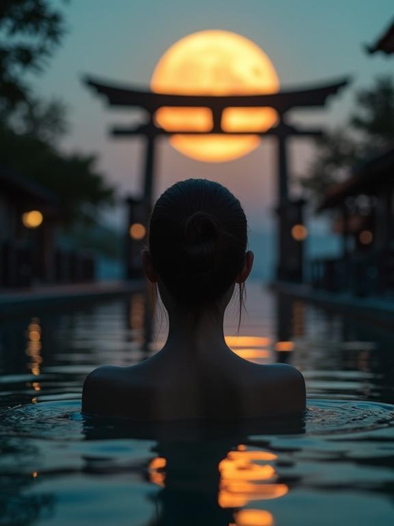 Close-up photo of a serene woman bathing in a tranquil temple pool under a full harvest Moon. A traditional Shinto shrine and Torii gate silhouette in the background. Surrounded by serene natural setting.