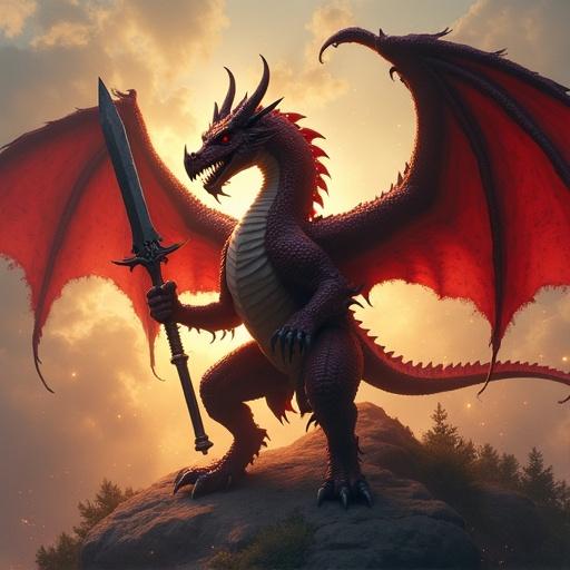 A dragon stands on a rock. The dragon is red with large wings. A sword is held in its claw. The background shows a dramatic sunset with clouds and trees.