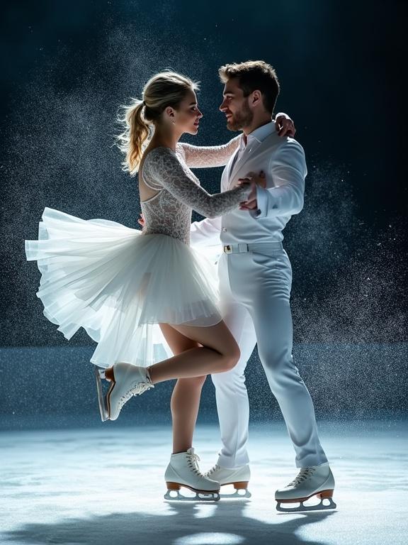 Dynamic image of a figure skating pair performing a dramatic lift on an ice rink. The woman wears an intricate white dress and the man is in a white suit. Dark background with glittering ice crystals and dust.