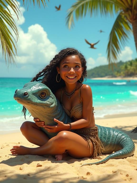 A girl sits on a beach holding a large friendly sea monster. She appears joyful and playful. The setting is tropical with palm trees and a bright ocean. The girl has long braided hair, tanned skin, and is wearing a loincloth. Her skin glistens in the sunlight. Dynamic and magical atmosphere.
