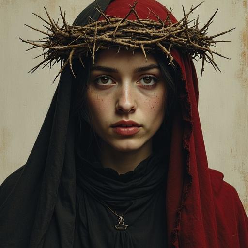 A striking portrait of a person with fair skin wearing large head coverings. The person has a crown of thorns. The image emphasizes themes of suffering, resilience, and defiance, using a limited color palette mainly featuring red and black.