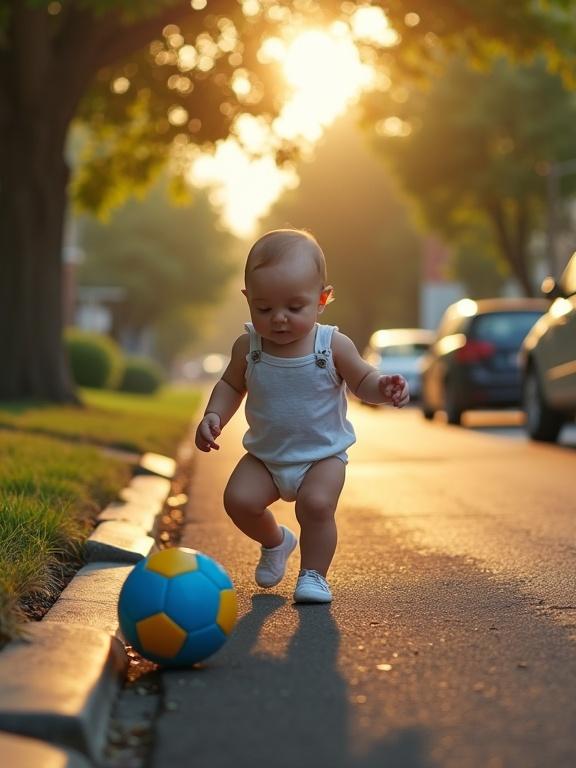 A young child in overalls walks along a suburban street. The child reaches for a colorful blue and yellow ball rolling towards a storm drain. The setting features trees and parked cars. Sunlight casts a warm glow on the scene. The atmosphere feels calm and warm, showcasing the innocence of childhood.