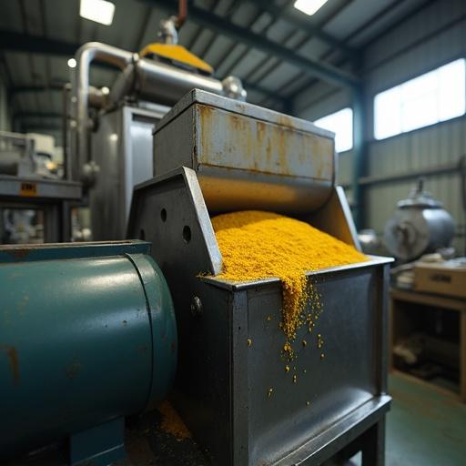 Realistic horizontal photograph of a horizontal gear coupling installed on the motor of a soybean desolventizer. Image shows industrial processing environment with vertical shaft connected to reducer and motor. Highlight functionality of the product. Yellow soybean meal overflows from the hopper.