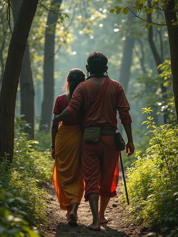 Two individuals walk through a dense colorful forest. One person is wearing an orange saree while the other wears a green cloth. They look like they are in a rural setting.