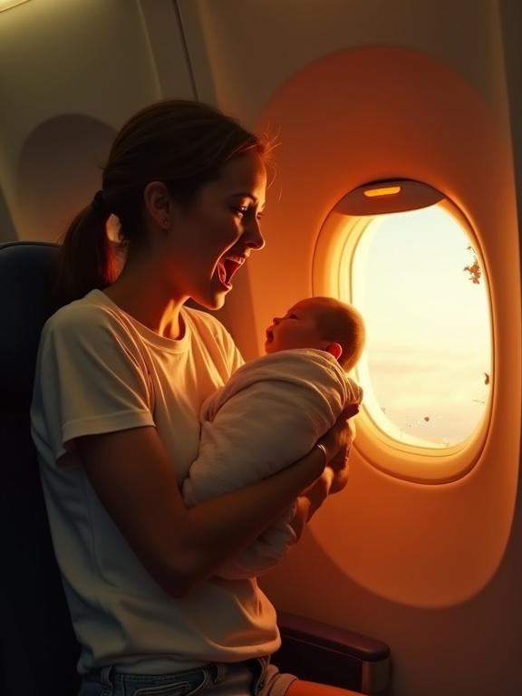 Interior of an airplane cabin. A young woman in a white t-shirt and denim shorts holds a swaddled baby. A large hole in the window reveals an intense orange light. A dramatic scene unfolds with desaturated tones.