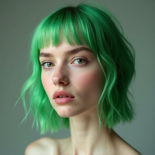 Woman with green hair and strong chest. Young with fair skin. Full body visible.