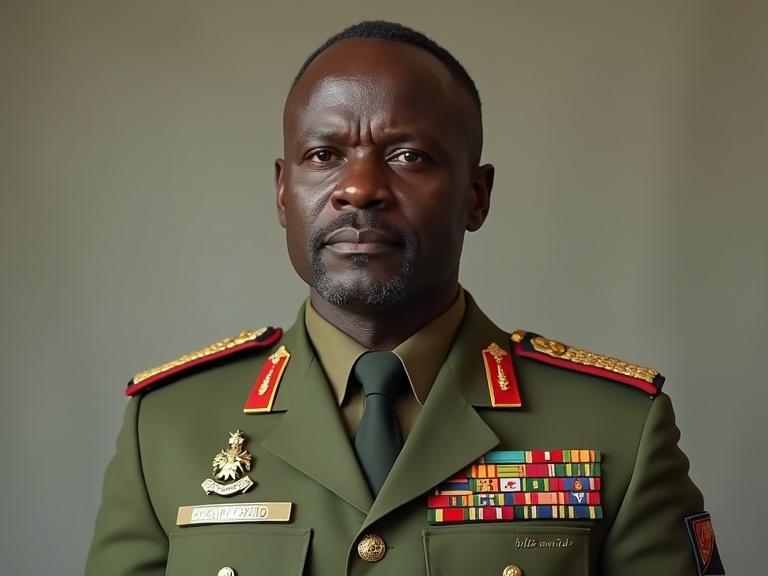 A hyper-realistic digital portrait. Confident African military leader. Directly looking into the camera. Standing tall and composed. Wearing official military uniform of Burkina Faso. Authentic insignias and medals. National flag patch on chest and shoulder. Calm and assertive expression. Background is neutral and soft-lit. Skin tone and features resemble an African military figure. Cinematic lighting with shallow depth of field. 16:9 aspect ratio.