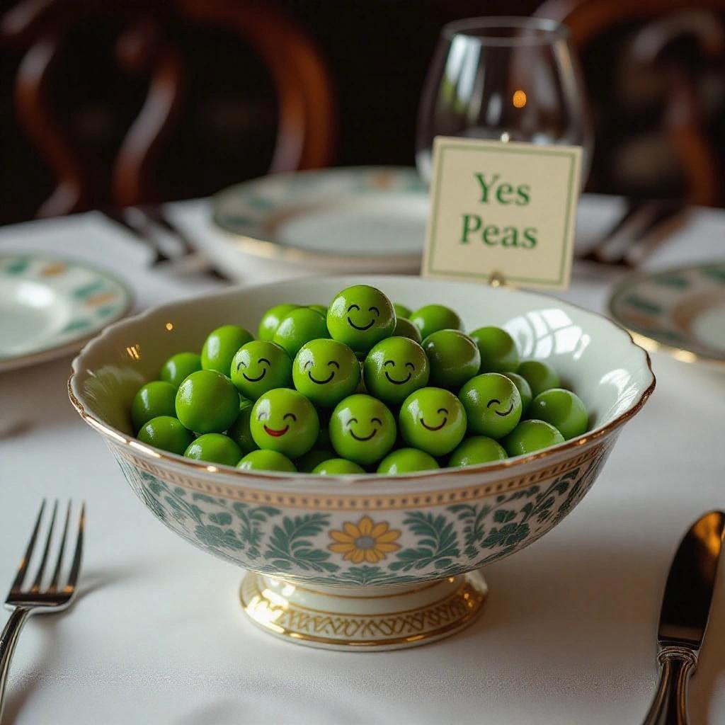 High dynamic range cinematic still. Elegant dining table with an ornate bowl filled with green peas. Each pea displays a happy smiling face. A placard displays the text yes peas.