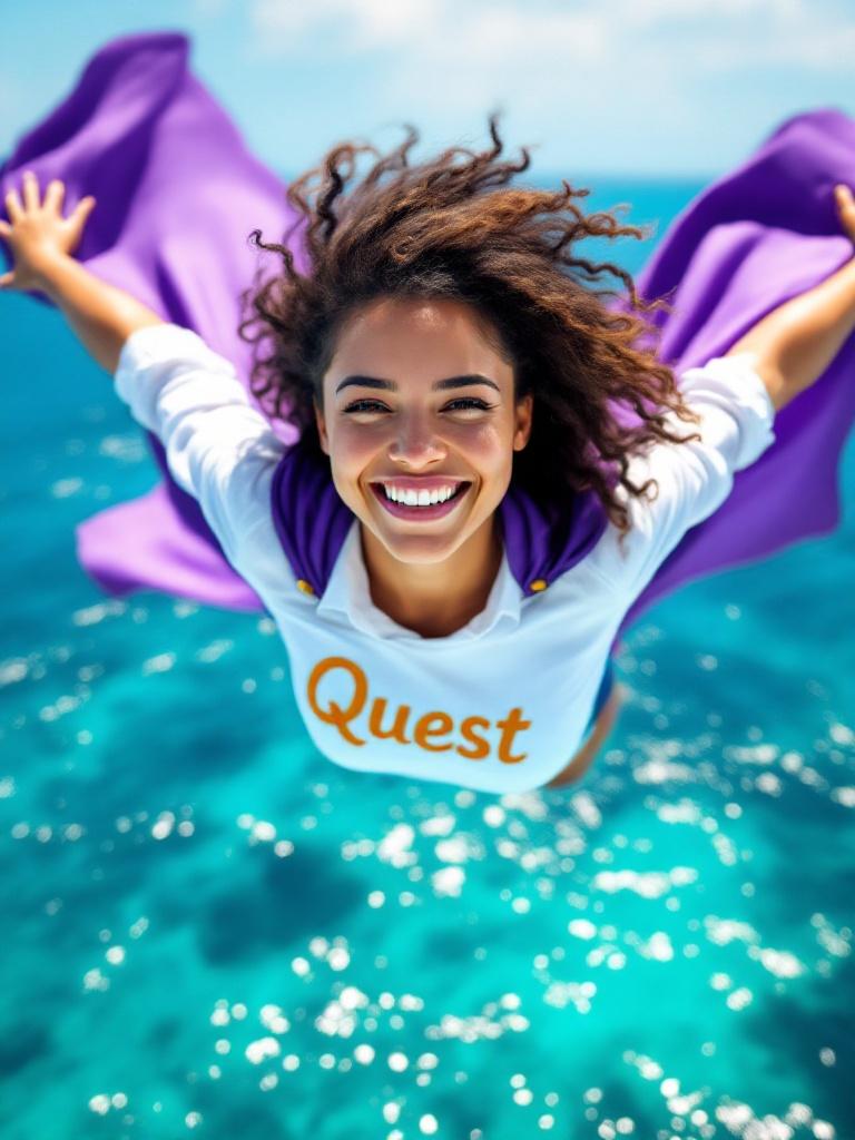 Image depicts a joyful average looking Chilean female daycare teacher soaring over the Caribbean Sea wearing a vibrant purple cape and a crisp white shirt with the word Quest embroidered in gold letters. The scene captures a sense of adventure and empowerment with sparkling turquoise waters beneath and clear blue sky above. Her expression radiates happiness and inspiration, embodying the spirit of exploration and joy in shaping young minds.