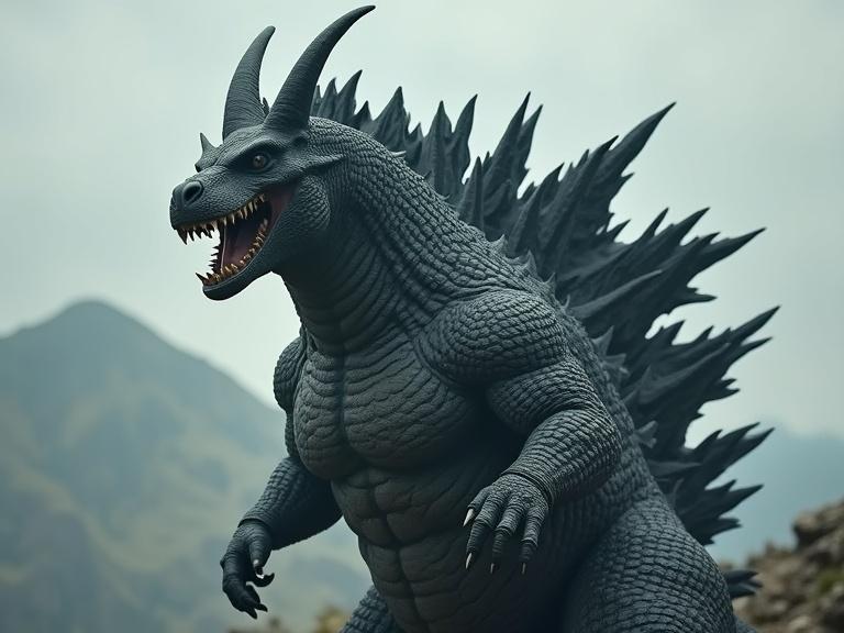 Godzilla with two thick short horns on its shoulders. Large monstrous design with spikes. Creature is imposing and powerful.