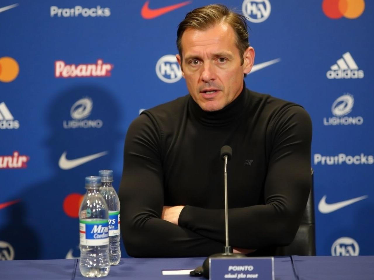 The image shows a person sitting at a press conference table with a blue backdrop featuring various logos. The person is wearing a black, form-fitting turtleneck and has their arms crossed. In front of them, there is a microphone and a table with two bottles of drink. On the table, there is also a name card partially obscured. The overall atmosphere suggests it’s a post-match or pre-match press conference, common in sports situations.