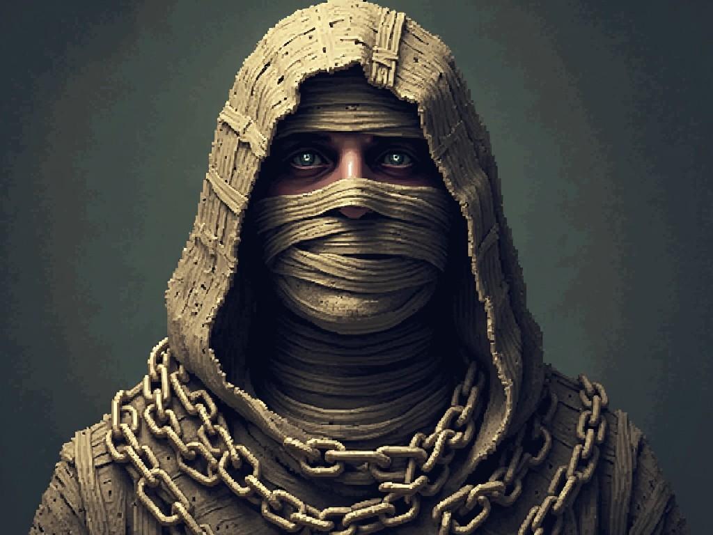 This is a 64x64 pixel art portrait of a mummy constructed entirely from chains. The figure is swaddled in layers of detailed wrappings, with only the eyes visible, which glow with an otherworldly light. The chains drape around the figure, adding a menacing and magical touch. The background is a subtle gradient that enhances the focus on the mummy. This artwork blends elements of fantasy and horror, ideal for gaming or illustrative purposes.