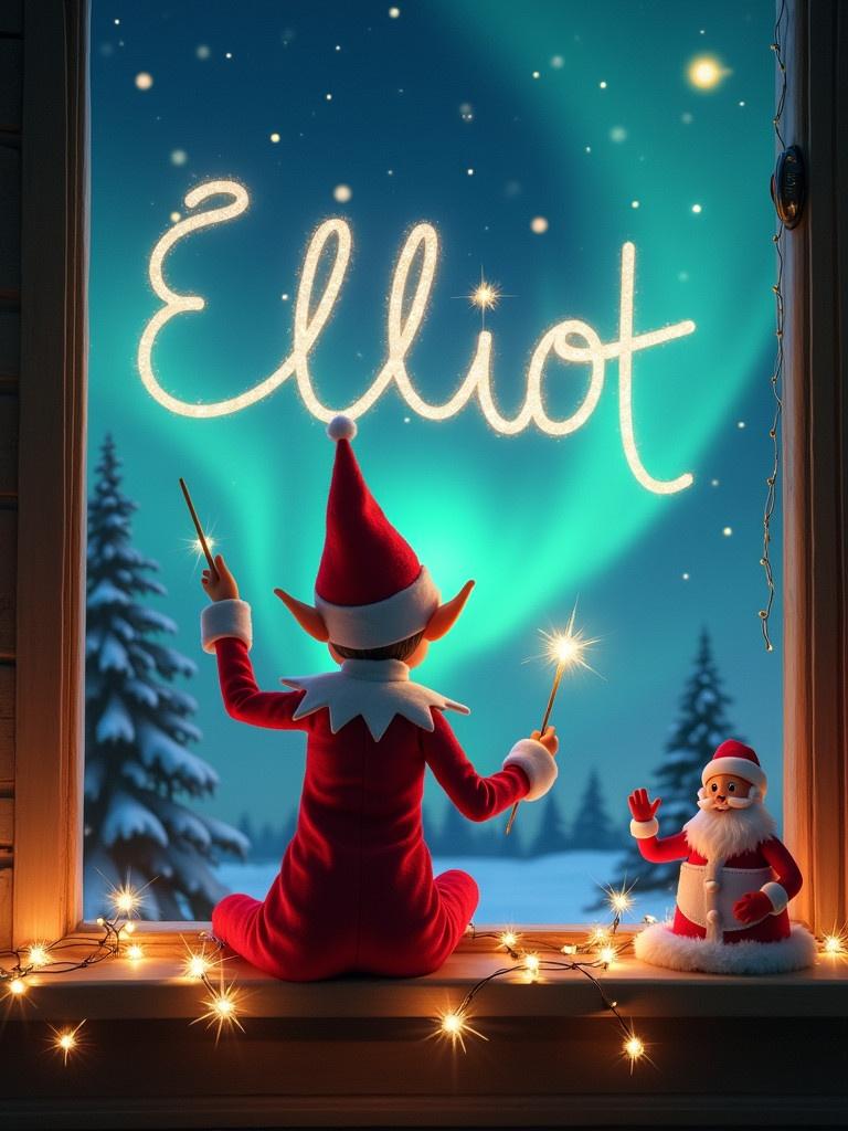 An elf on the shelf is sitting by a window. The elf has a red outfit and is writing the name 'Elliot' in the sky with a magic wand. The background features Northern Lights and snow-covered trees. A Santa figure waves near the elf. Twinkling string lights frame the window.