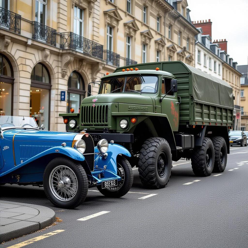 Photorealistic street scene in Waterloo 2025. Pristine 1924 Bugatti Type 35 on curbside in French Racing Blue. Behind it, parking a huge Soviet military truck with heavy rust and peeling OD green paint. Shot captures rain-slicked cobblestones and informative street signs. Low-angle perspective emphasizes truck's size against the Bugatti. Twilight atmosphere with mist rising and reflecting ads in puddles. Details show Bugatti's chrome wheels and leather straps beside the truck's corroded fenders and mud-caked tires. Steam from Bugatti and oil dripping from the truck create dynamic elements.