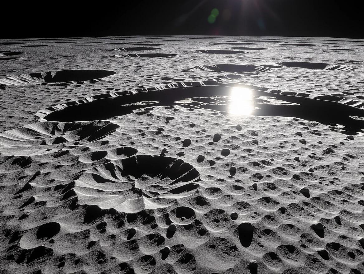 Close-up view of moon's surface landscape featuring craters and rocks. Bright reflection of light on the surface contrasts with dark surroundings. Detailed texture of craters visible in the horizon.