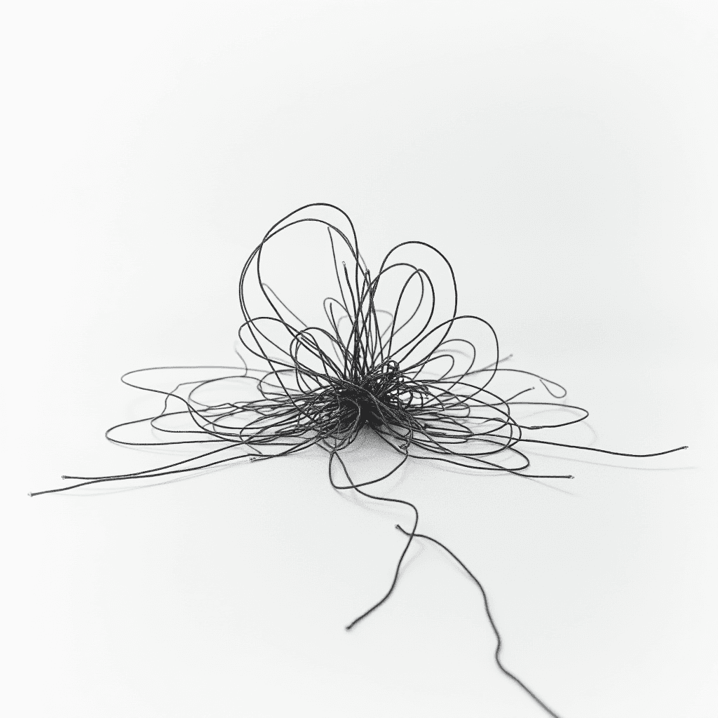 The image shows a chaotic tangle of thin black wires or strings on a plain white background, resembling an abstract piece of art with dynamic curves and loops.