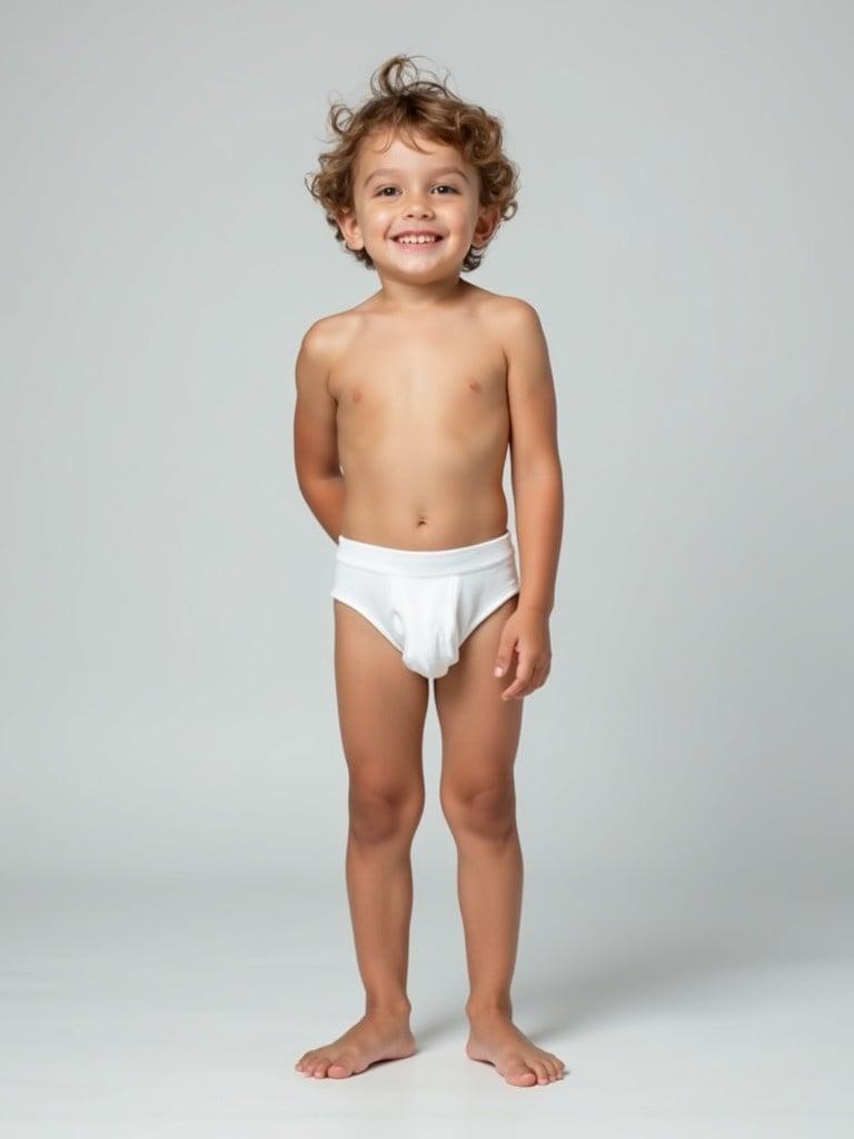 Boy stands barefoot against light gray background. Wearing white underwear. Natural smile on face. Soft even lighting creates calm atmosphere. Confident relaxed pose shows playfulness. Minimalistic style with focus on subject.