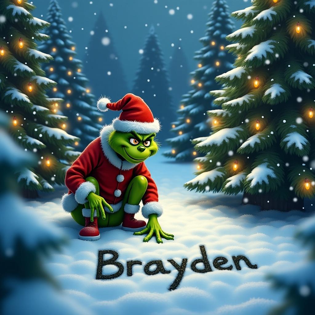 Grinch outside in the snow surrounded by Christmas trees. The Grinch writes the name Brayden in the snow.