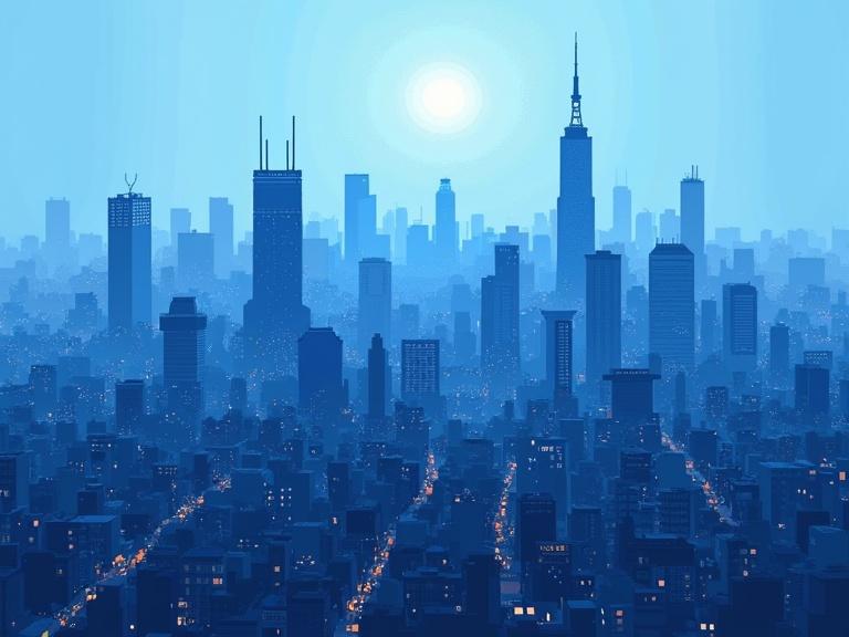 Aerial view of a blue pixelated city during daytime. The skyline is filled with skyscrapers. The scene is dominated by shades of blue and has soft lighting from the sun.