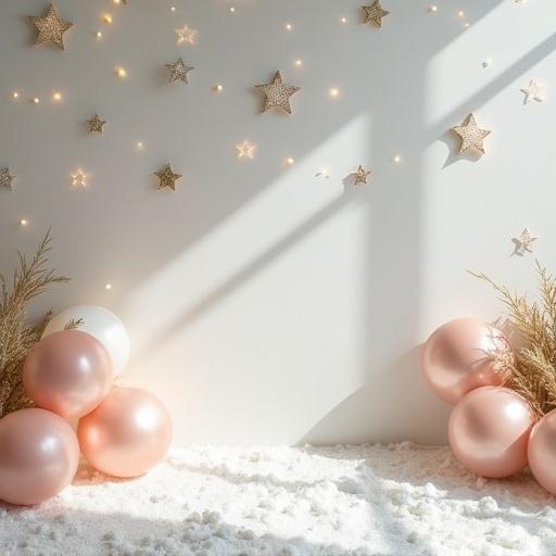 Studio-style background wall decorated with balloons. Clean floor covered with cotton resembling snow. Light tones in the decoration. Birthday party decor with golden stars. Soft artificial lighting with few shadows. Photo taken from a low angle focusing on the wall.