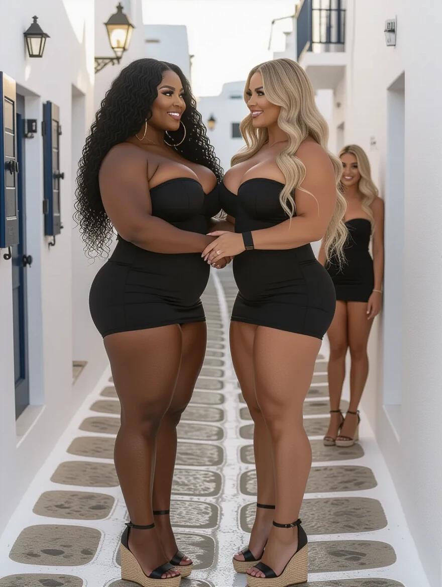 Two muscular women embrace. One has black curly hair and dark skin. The other has long blonde wavy hair and light skin. Both wear black bandage dresses and high heels. The background shows a sunny Mykonos alley. There are elegantly dressed couples in the background.
