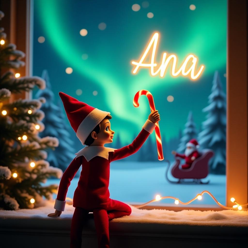 Enchanting Christmas scene features elf on the shelf in red and white. Elf faces sky with magic candy cane and writes 'Ana' in glowing script. Background showcases vibrant northern lights and Santa in a sleigh.