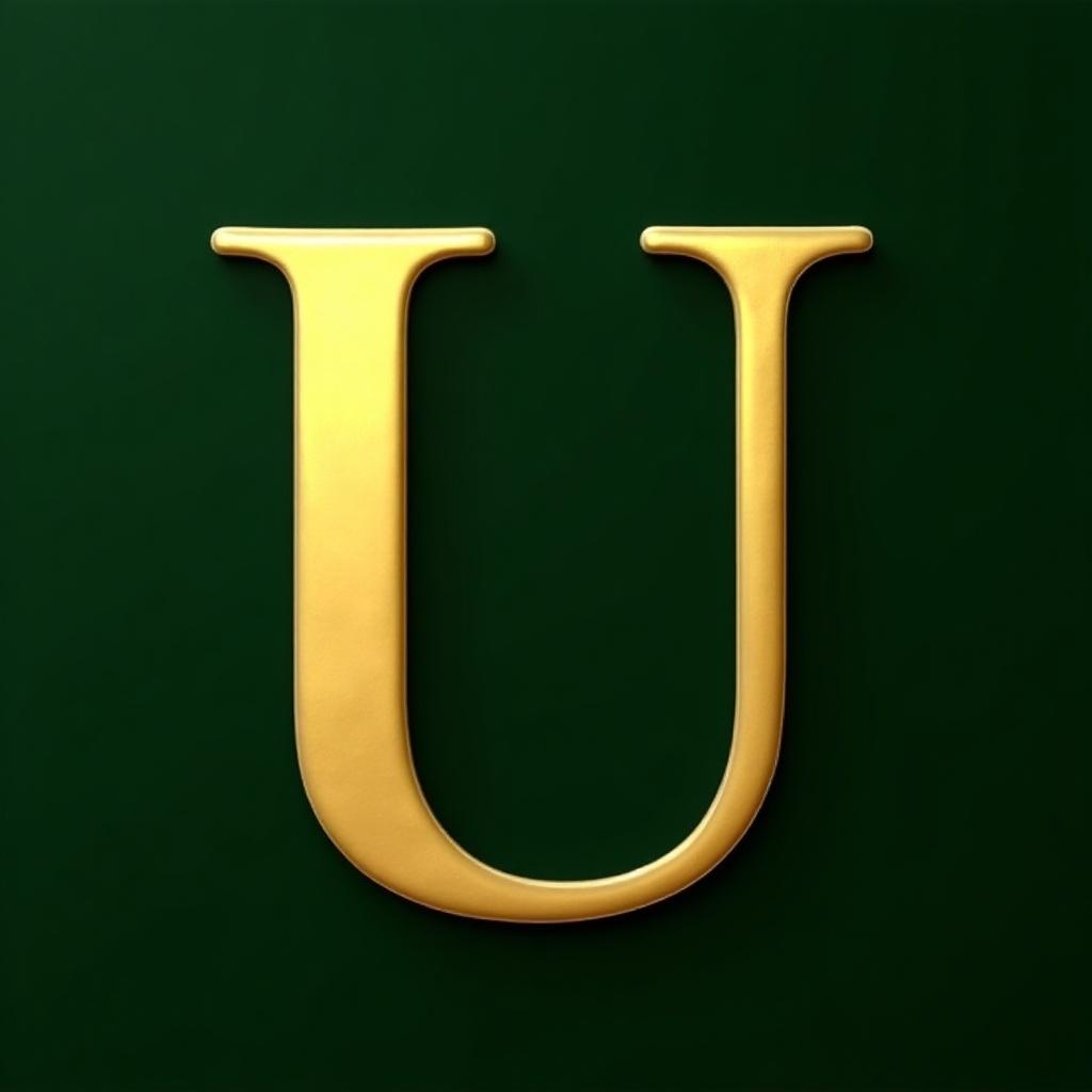 A large golden letter 'U' is showcased prominently in the center of the image. It is set against a rich dark green background, creating a striking visual contrast. The letter appears polished and reflective, catching the light beautifully. This composition gives an elegant and sophisticated feel to the image. It can be used for various design purposes, such as branding or promotional materials.