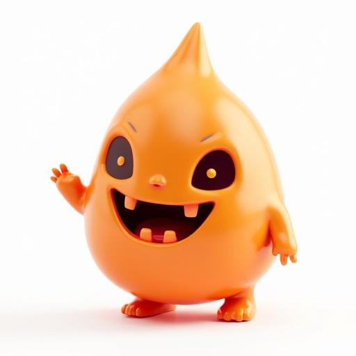 A 3D orange ghost character with a playful expression. The character has a rounded shape with a peak and small feet. The background is plain white.