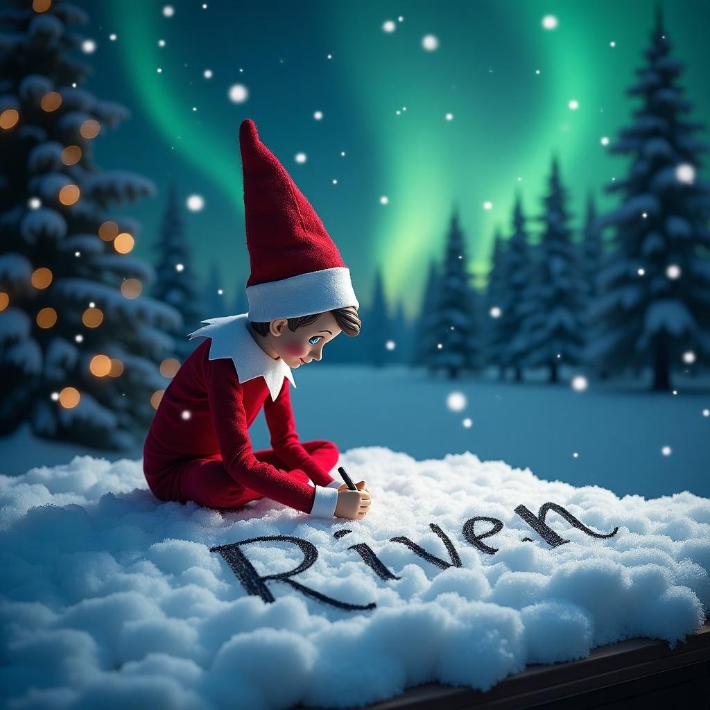 Elf character writing the name Riven in the snow. The scene includes northern lights above. The elf wears a red hat and holiday attire. The name is written in cursive by the lights effect.