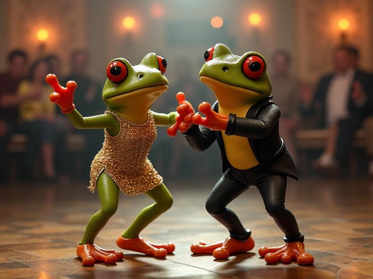 Two frogs dancing on a dance floor. Male frog in a suit. Female frog in a bling-bling party dress. Background shows an audience.