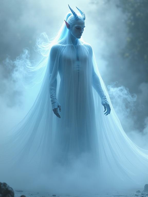 Full-body male tiefling ghost. Spectral semi-transparent body. Faint glowing blue light inside. Glowing semi-transparent horns. High ponytail of white hair. Legs fading into mist. Semi-transparent leather robe. Billowing sheet into fog. Intangible ghostly figure. Soft focus edges. Volumetric fog. Moody lighting with backlight. Minimal surface definition. Modern comic style.