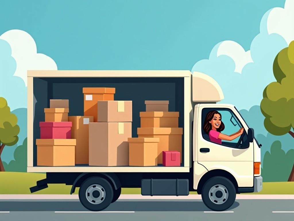 The image depicts a cheerful woman driving a moving truck filled with boxes. The truck is white and has various sizes of cardboard boxes stacked in the back. The scene is set outdoors with blue skies and green trees lining the road. The woman has a big smile, reflecting a positive mood associated with moving. This cartoon-style image evokes a sense of excitement and readiness for a new beginning.