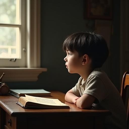 A young boy with dark hair sits at a wooden desk. He is looking thoughtfully out of the window while books are in front of him. The room is in a 1930s style with dim lighting.
