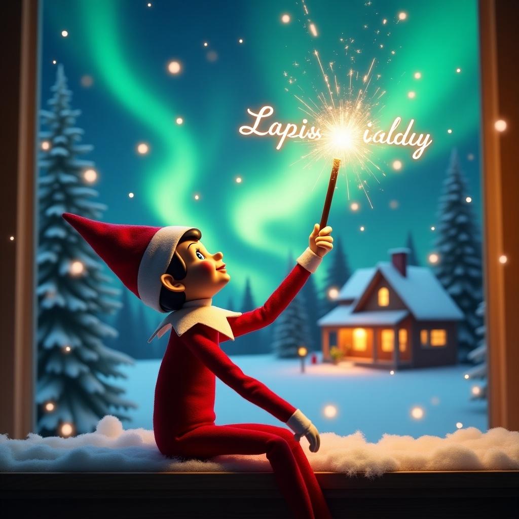 Elf on the shelf gazes skyward. It holds a glowing wand. Northern lights swirl above. Cozy house in the distance. Snow covers the ground. Elf embodies Christmas magic