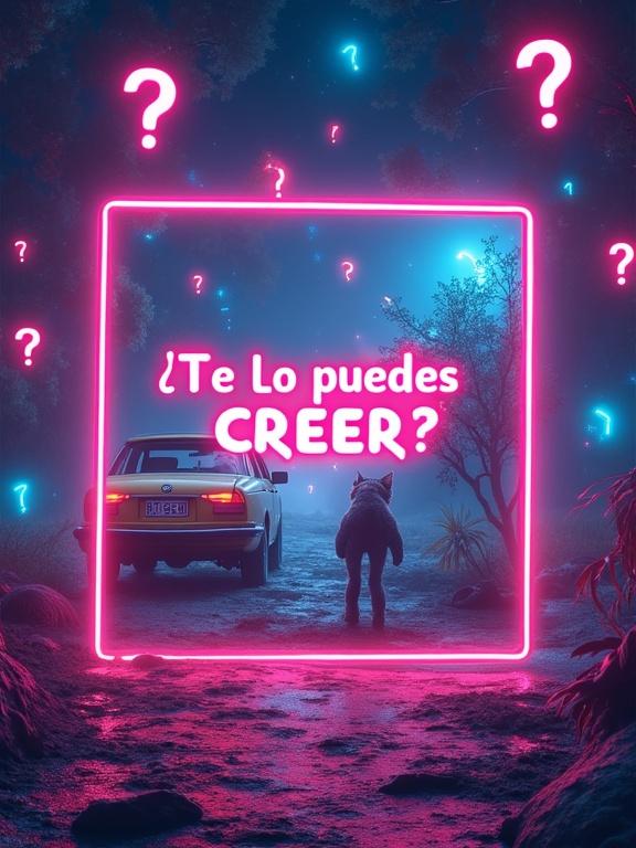 Colorful surreal background features floating question marks and glowing artifacts. Split-screen images showcase strange yet realistic scenes like a cat driving a car and a fish walking. One side appears real; the other is clearly fake, enhancing the true or false theme. Center text reads '¿Te lo puedes creer?' with vibrant neon styles. Below it, '¡Suscríbete y da like para más misterios y verdades locas!'. Overall mood is intriguing and fun, resembling YouTube thumbnails.