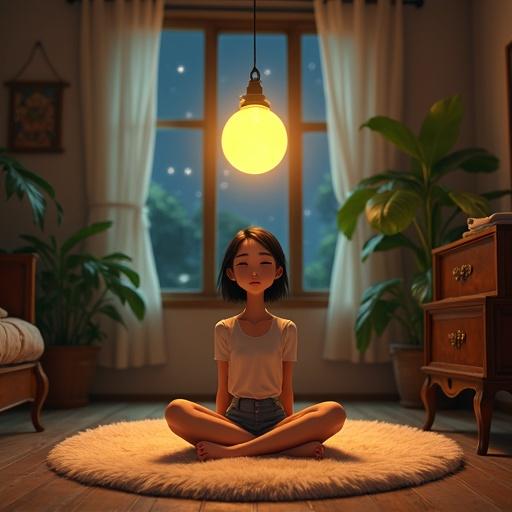 Animated Asian woman sits cross-legged on an earthy-toned rug. Soft nightlights filter through a window. Glowing yellow orb hovers above. Vintage furniture and lush plants create a cozy atmosphere. Scene captures quiet introspection and magic.