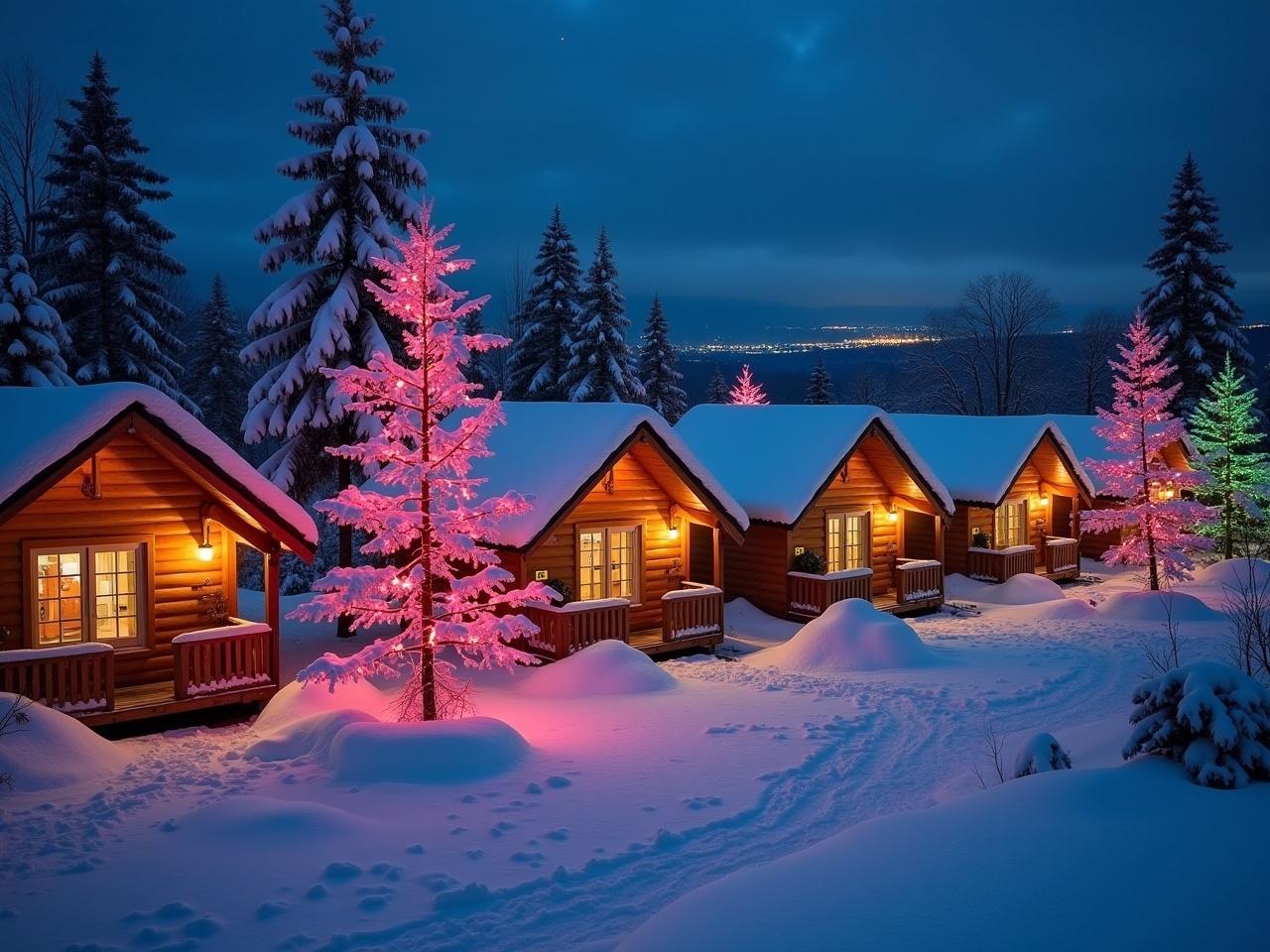 The image shows a winter scene at night with a cluster of cozy wooden cabins. Each cabin is adorned with warm orange lights, glowing against the snowy landscape. Surrounding the cabins, there are trees illuminated in vibrant pinks and greens, adding to the festive atmosphere. The snow is thick, creating a serene and peaceful ambiance. In the background, a distant city skyline is visible, adding a whimsical touch to the picturesque setting.