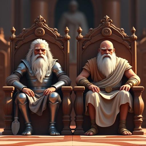 Two aged warriors Bhishma and Drona sit silently on ornate chairs. Their expressions are calm and intense as they wait for a warrior. Bhishma has long white hair, silver armor, and a spear. Drona has a bald head, white beard, and wears a robe. They embody wisdom and experience, observing with deep thought and admiration.