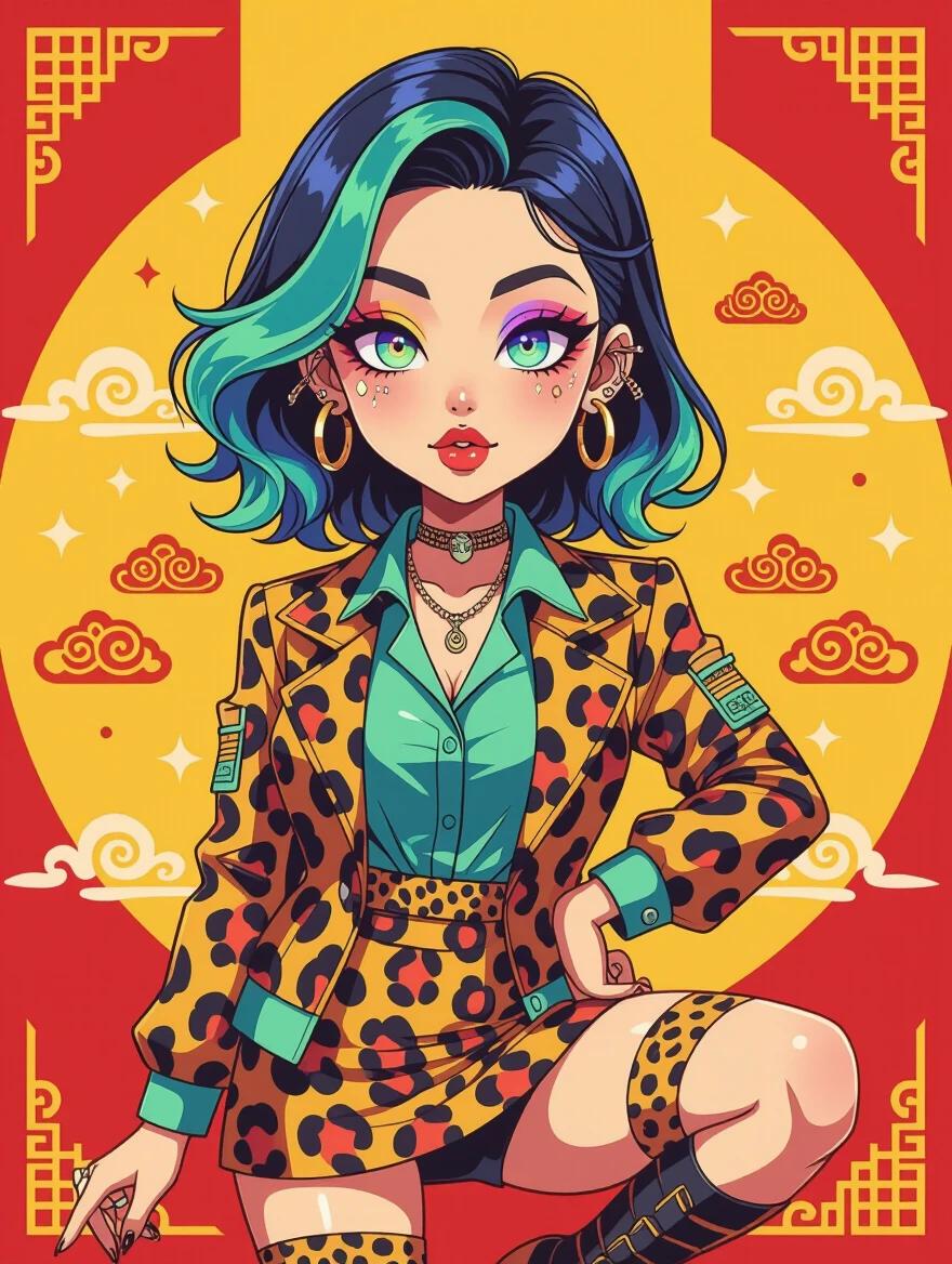 A vibrant portrait of a female character. The character has colorful aqua hair slicked back. Her outfit features an animal print jacket and a layered leopard print skirt. The background consists of geometric shapes in red and yellow. She has colorful glowing eyes and piercings. The pose is dynamic and engaging with psychedelic patterns present.