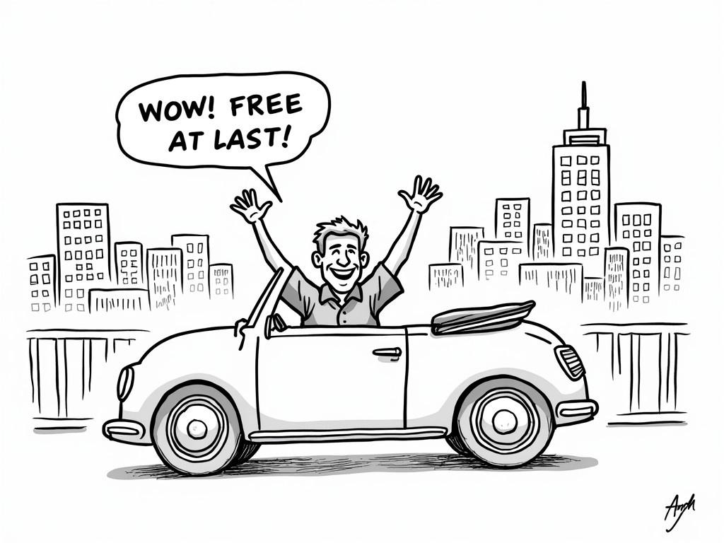 The image shows a cartoon of a man driving a convertible car with his arms raised in celebration. He appears to be very happy and is exclaiming 'WOW! FREE AT LAST!' as he passes through a lifted barrier. The background is filled with tall buildings, indicating a city environment. The scene suggests a sense of liberation, possibly after a long wait or struggle. The man’s expression conveys joy and relief, emphasizing the theme of freedom. The cartoon style is simple and black and white, making it easy to interpret.