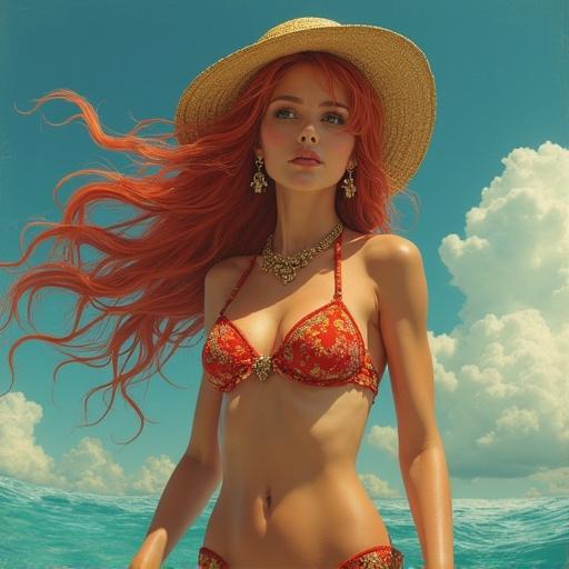 A hyper-realistic woman reimagined as a character from One Piece. She has long, flowing red hair and wears a colorful bikini. A stylish hat complements her look. The background includes a bright blue ocean and fluffy clouds.