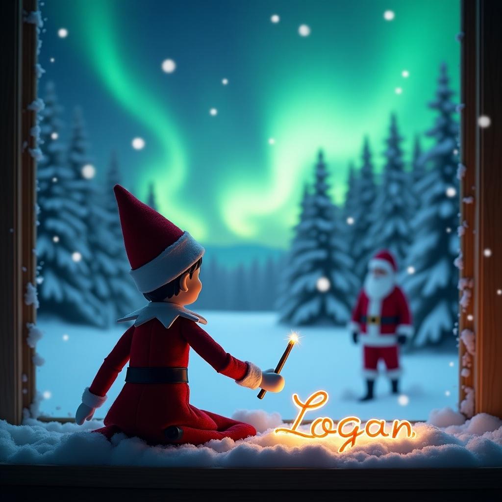 An elf on the shelf is seen with his back towards the viewer, facing a beautiful winter landscape. He holds a magic wand, using it to write the name 'Logan' in the snow. The background features mesmerizing northern lights illuminating the night sky. In the distance, Santa Claus stands amidst the snow-covered trees. This scene captures the essence of Christmas magic and wonder, inviting viewers into a whimsical holiday world.