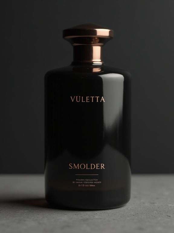 A niche artisan perfume bottle design for SMOLDER. Deep matte glass bottle features VULETTA brand name in SANTS typography. SMOLDER displayed in uppercase font. O’Háodha Collection by Aaron Terence Hughes printed below in subtle bronze. Smoked brass cap on top. Studio background with dark slate-gray gradient and soft diffused lighting. Light leaks enhance the clean masculine appeal.