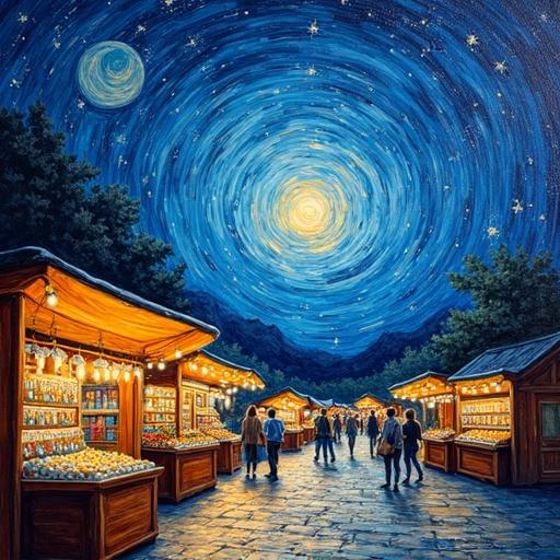 A night market with stalls and visitors. Expressive, swirling sky filled with stars. Van Gogh-inspired brushwork with thick texture. Evokes a dreamlike atmosphere. Glowing lights and dynamic motion in the sky.