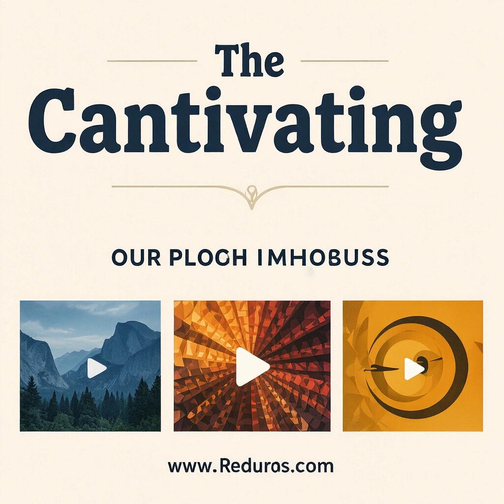Image features the title 'The Cantivating' at the top. Below are three distinct sections showcasing different images. Each section has a play button for multimedia content. The overall tone is minimalist and artistic.