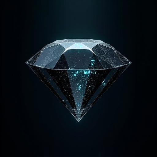 A black diamond shaped like a gem with intricate facets illuminated softly. A deep minimalist background is present. Glowing cyan patterns integrated into the diamond's structure emphasize its design. A macro lens captures the high-tech features and details.